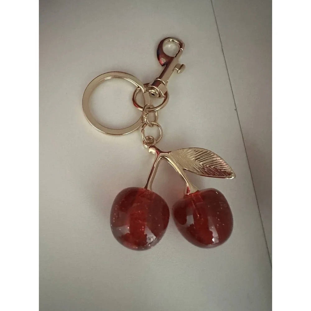 Red Cherry Bag Charm Keychain Resin Metal Brass Purse Decoration